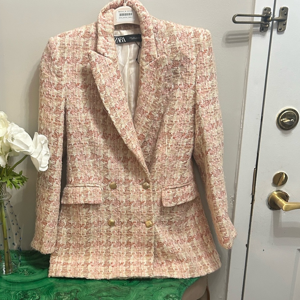 Zara Pink and Cream Tweed Double-Breasted Blazer